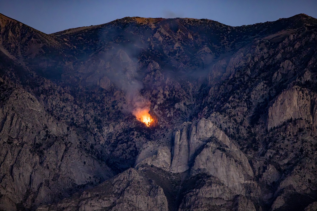 Lighning fire up on the Sierra Nevada, above Owens Valley, California.