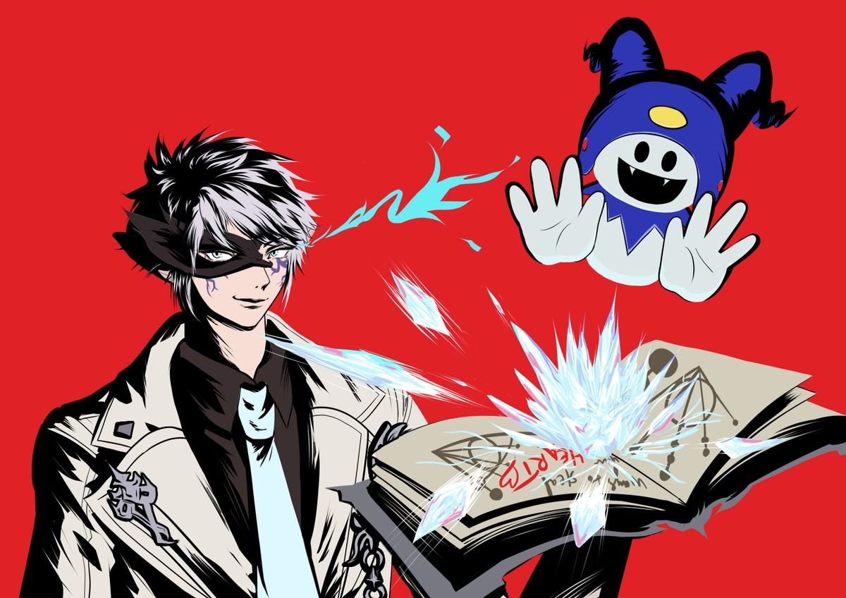 Warrior of light Icypole Baguette from Final Fantasy XIV. Elezen with silver hair and purple facial markings wearing the scion adventurer's set as a summoner. He's summoning Jack Frost, who is using an ice spell aimed at... you. "You're next, hee-ho!". The artwork is painted in the style of Persona 5.
Persona 5 x Final Fantasy 14 crossover fan art painted by Jasmint in Krita.