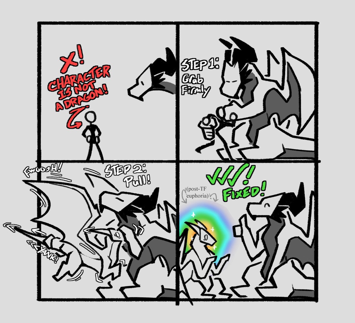 4 panel comic where a human character who is not a dragon, gets turned into a dragon by a different character who is a dragon. He feels euphoria after being transformed into a dragon.