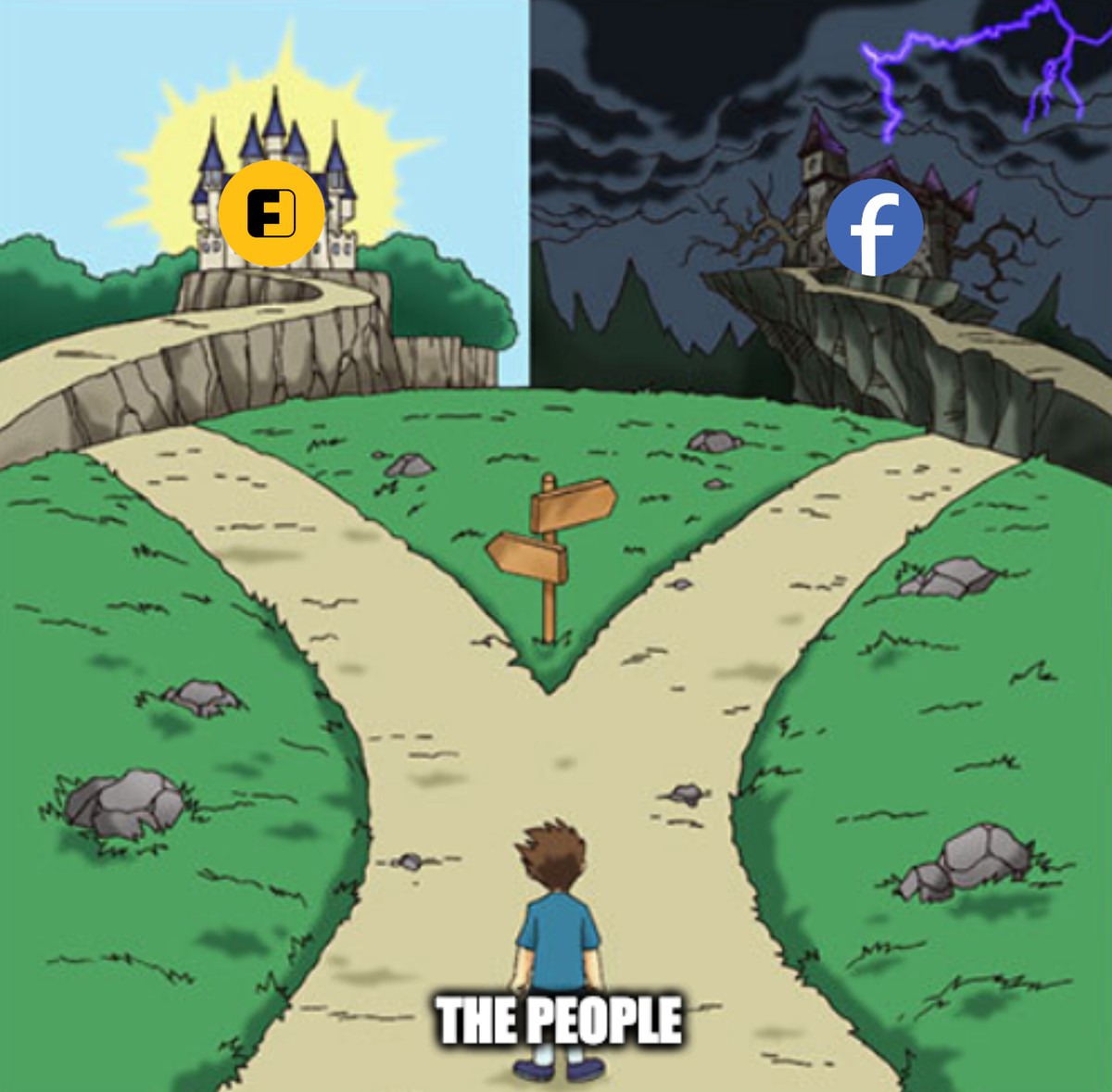 Kid "the people" looking onto 2 paths before them with one leading to a lovely castle "Friendica" and another to a darkly castle "Facebook"