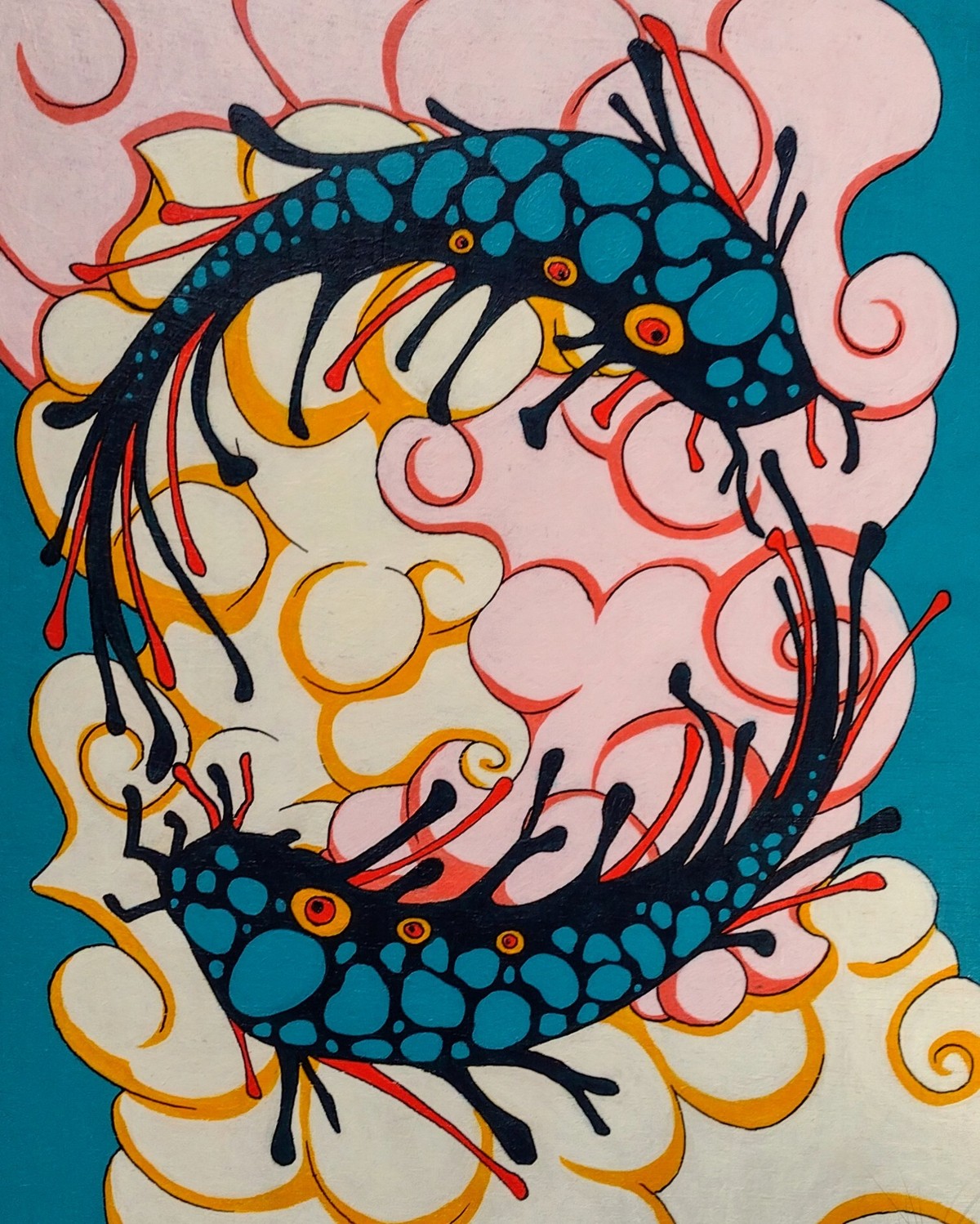 Two fish-like creatures swimming in a circle. They're blue with lighter spots, six orange eyes, and knobbly projections. The background is a blue sky with pink and yellow clouds swirling into each other.