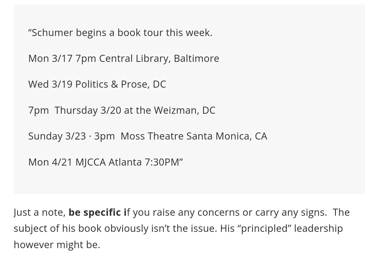 If you have words to about Schumer's leadership. He has a book stop tour in Santa Monica this week 3/23 @ 3pm