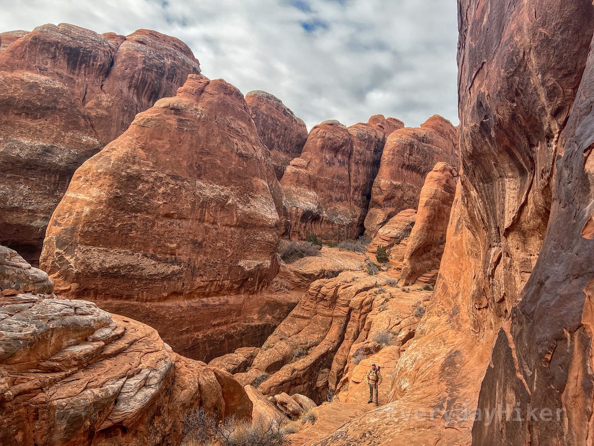 A photo of me standing in an open area of the 'middle level' taken from the upper area. A wall made up of fins may be seen behind me on the other side of a small chasm hosting the lower area.