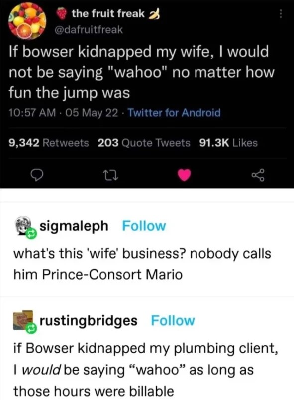 Post: "If bowser kidnapped my wife, I would not be saying "wahoo" no matter how fun the jump was" Reply: "what's this 'wife' business? nobody calls him Prince-Consort Mario" Reply: "if Bowser kidnapped my plumbing client, I would be saying “wahoo” as long as those hours were billable"
