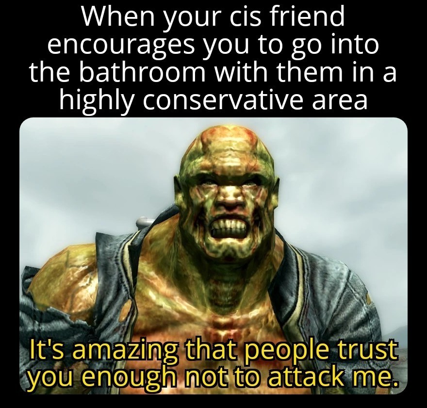 Top text: "When your cis friend encourages you to go into the bathroom with them in a highly conservative area" Below is an image of Fawkes, a super mutant companion from the videogame Fallout 3 saying a quote: "It's amazing that people trust you enough not to attack me."