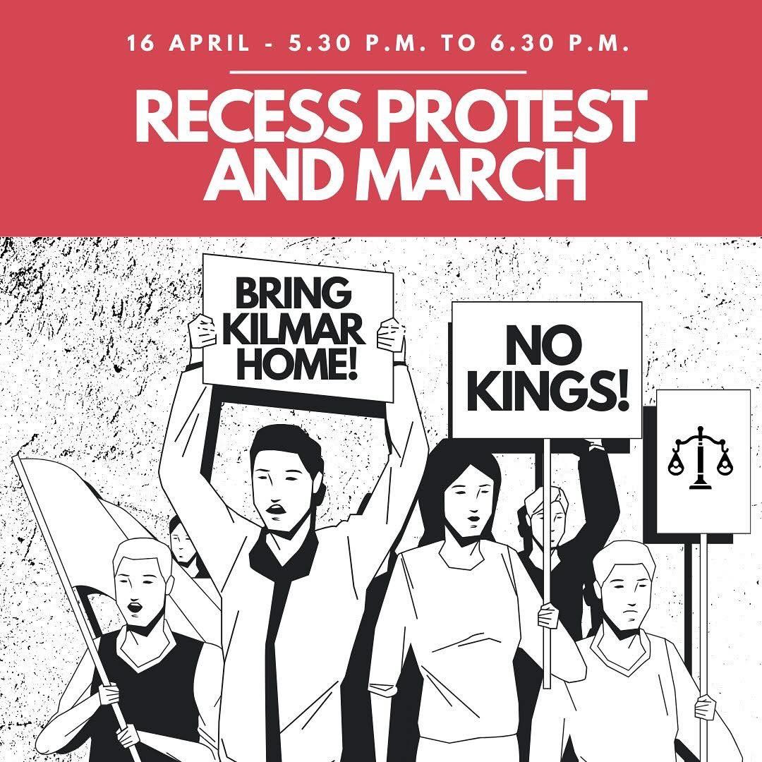Recess Protest and March  Protest at the Wallace Federal Building then marching to the El Salvadoran Consulate  Wallace Federal Building, 125 South State St, Salt Lake City, Utah Wednesday, April 16th @ 5:30 PM  El Salvadoran Consulate, 124 South 400 East, Salt Lake City, Utah  https://indivisible.org/