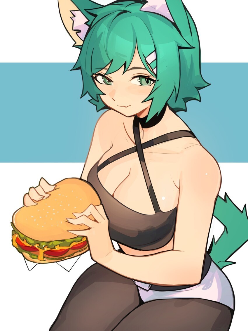 The image shows a high-angle shot of a cat girl with green eyes, green tail, green hair and slightly tanned skin sitting on an invisible chair. She is wearing a black crop top with straps that wrap around her neck in the shape of an X, silver shorts with a belt and black stockings. She is two-handedly holding a comically larger burger with wrapping under it and mustard that is about to fall out.