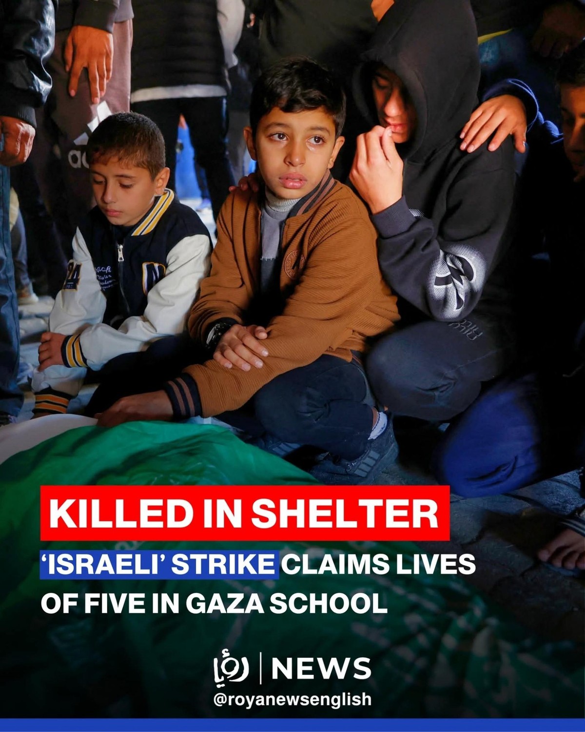 KILLED IN  SHELTER
'ISRAELI' STRIKE CLAIMS LIVES 
OF FIVE I GAZA SCHOOL