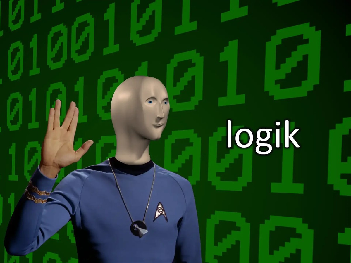 Spock, with the head of "meme man", saying "logik", in front of a background of binary gibberish