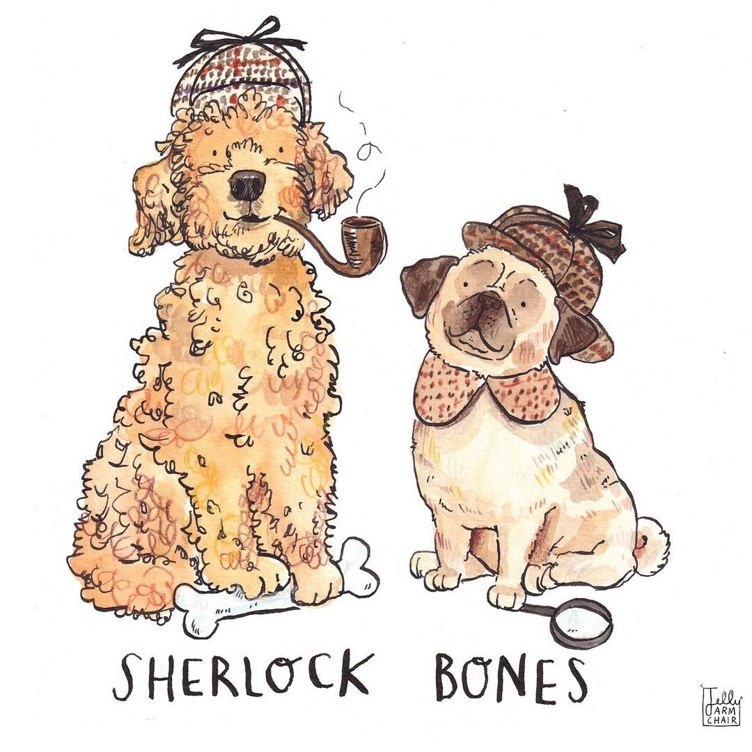 Two dogs wearing sherlock Holmes style clothing says "sherlock bones"