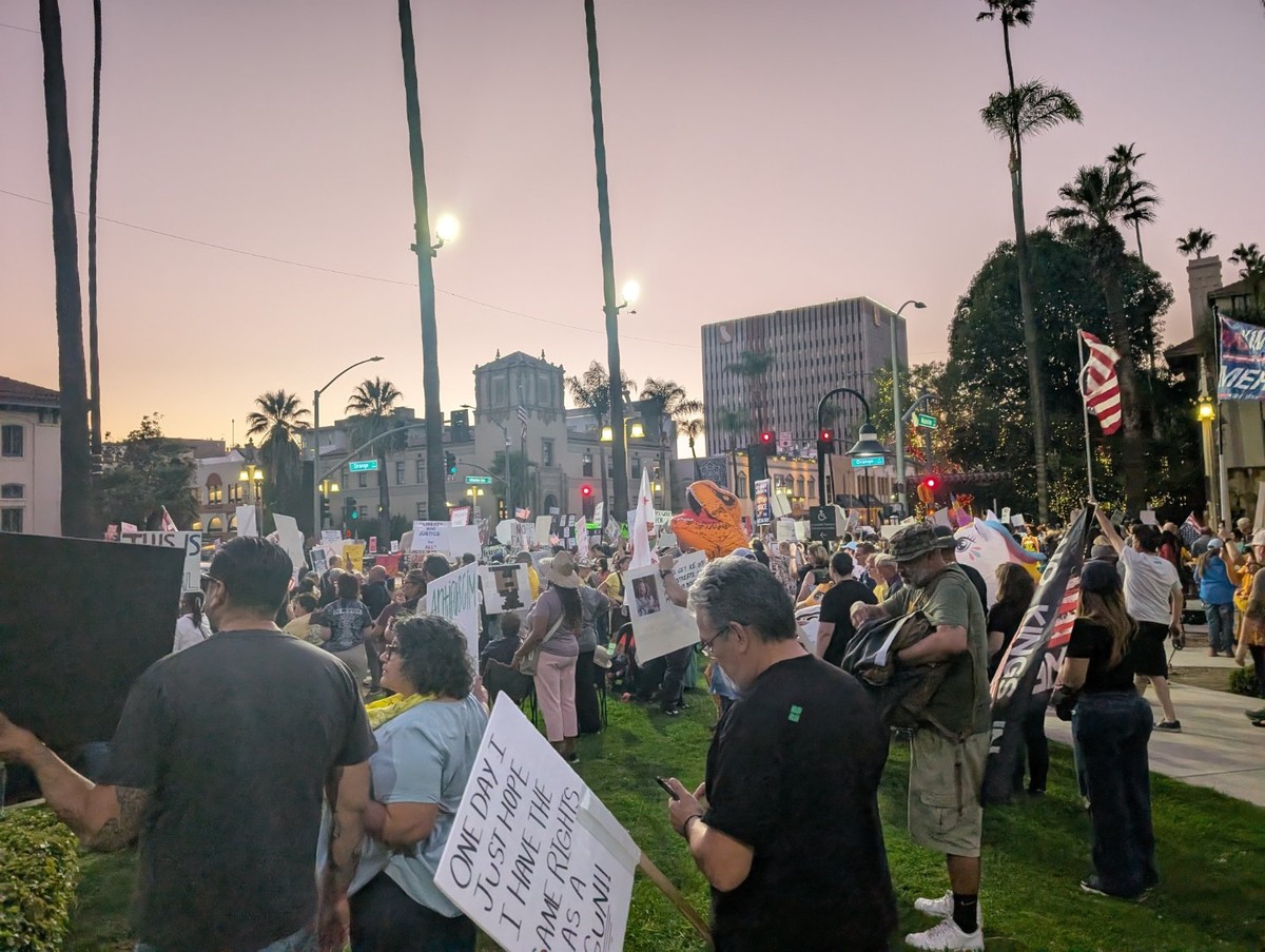 A large group of people holding signs and flags in a park at dusk, with taller buildings in the background.