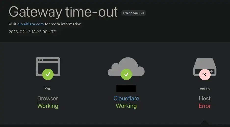 A screenshot of Cloudflare gateway time-out error while trying to reach ext.to