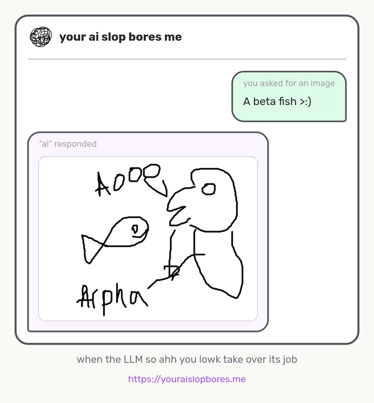 Asked for a drawing of beta fish, the "ai" drew a fish that says Awooo and has the alpha caption in it.
