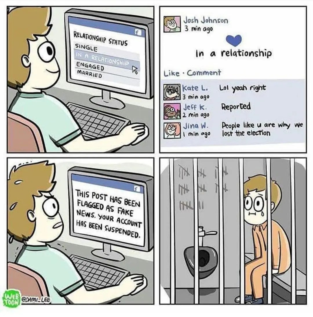 A guy updates his relationship status on Facebook from 'Single' to 'In a relationship'. People make fun of him in comments saying it's a like and report his post. Facebook suspends his account because they flagged his post as 'fake news' and now he's in jail
