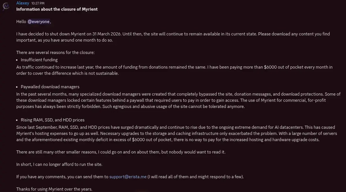 Myrient is shutting down