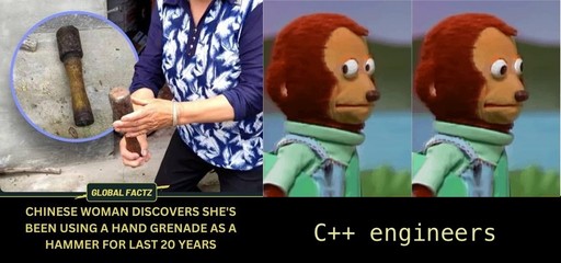 A Mastodon post: "Digging through my phone for a picture and found this". An image on the left depicts: "A Chinese woman discovers she's been using a hand grenade as a hammer for last 20 years." An image on the right is an awkardly shifty-eyed monkey puppet with the caption "C++ engineers."