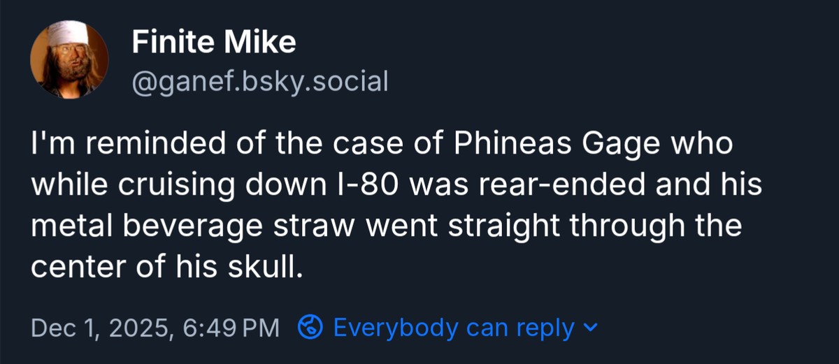 Image text: I'm reminded of the case of Phineas Gage who while cruising down I-80 was rear-ended and his metal beverage straw went straight through the center of his skull.
