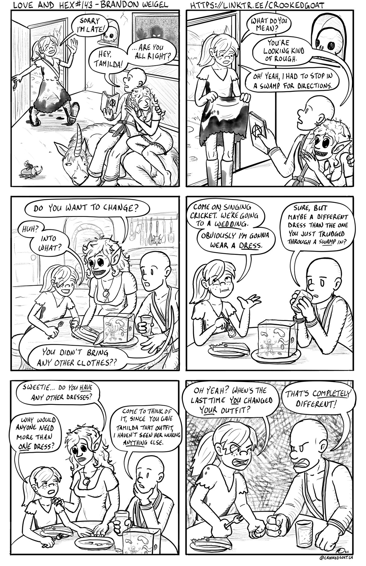 Page 143 from the comic Love and Hex. Full transcript: https://crookedgoat.ca/comic/143/#comic-page  Tamilda's dress sense is questioned.