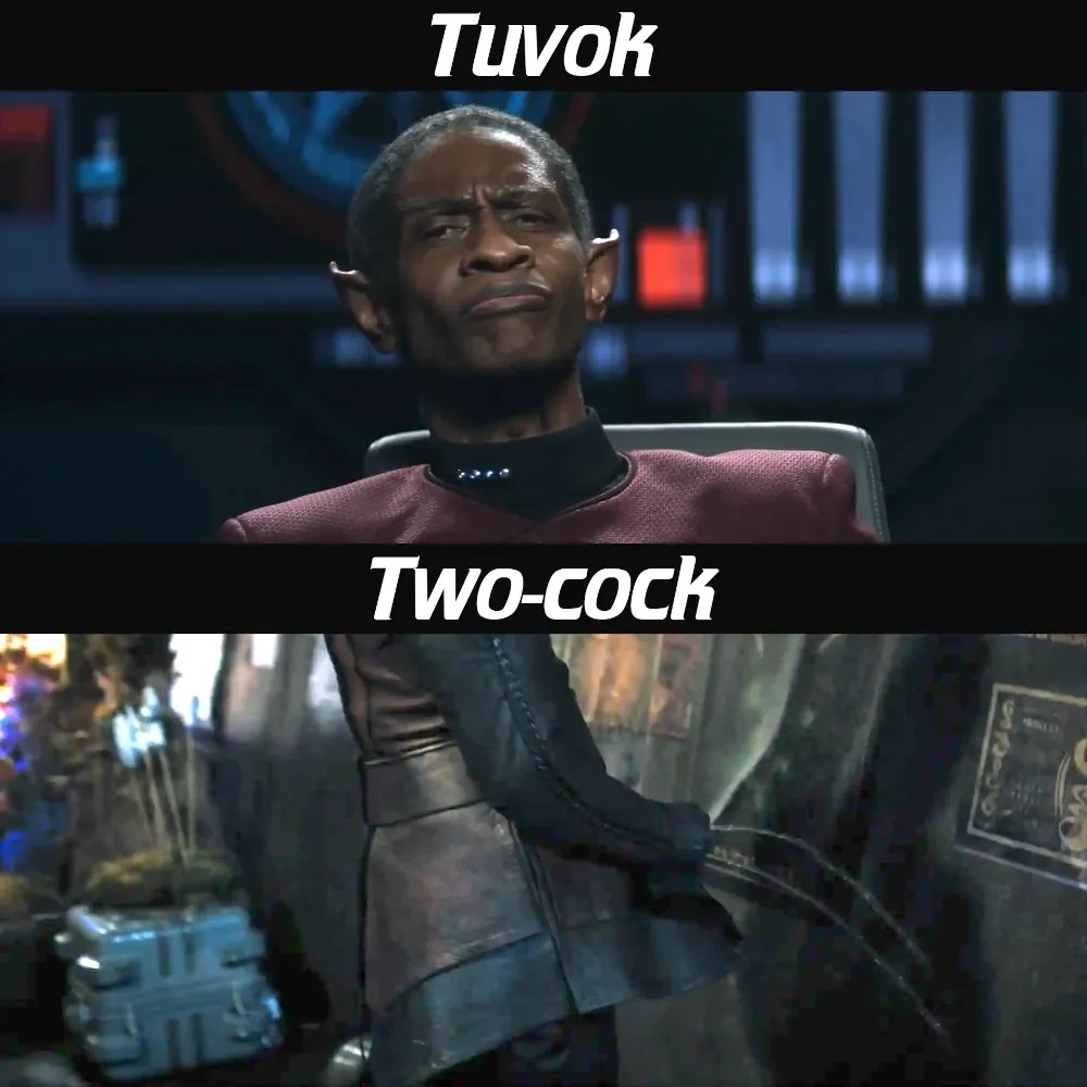 First panel, labeled "Tuvok", depicting Tuvok (technically actually a changeling impersonating Tuvok). Second panel, labeled "Two-cock", depicting a Klingon who is urinating two streams of urine