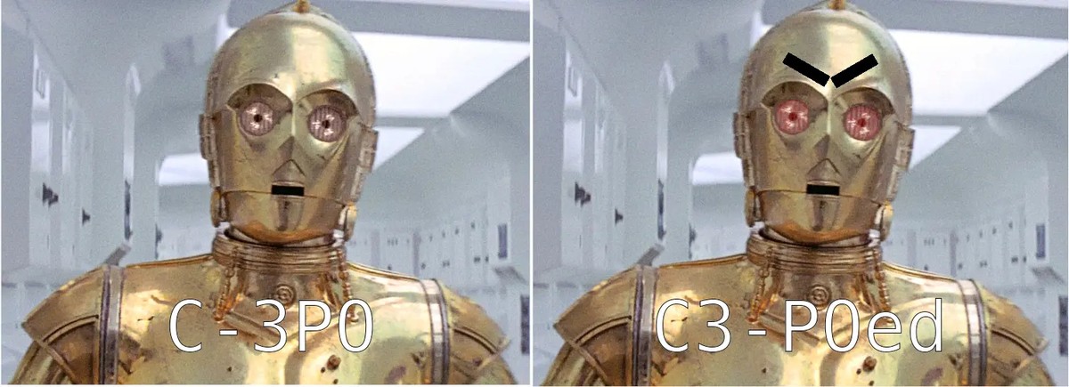 two images of C-3PO from Starwars. One of them is angry with drawn on eyebrows and red eyes. The angry one is C3-POed.