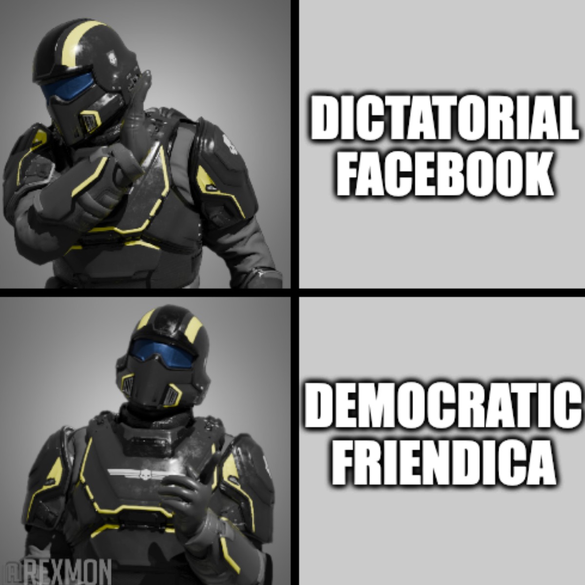 helldiver saying nah to dictatorial facebook and helldiver saying yes to democratic friendica