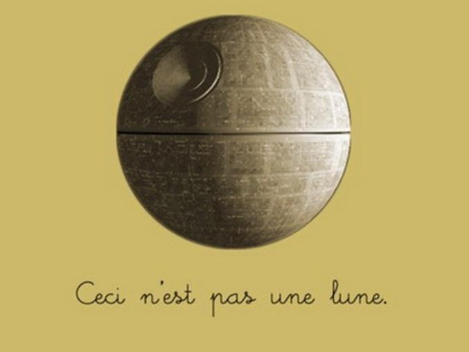 A take on René Magritte's famous painting, only this one is captioned "Ceci n'est pas une lune" under a painting of the Death Star.