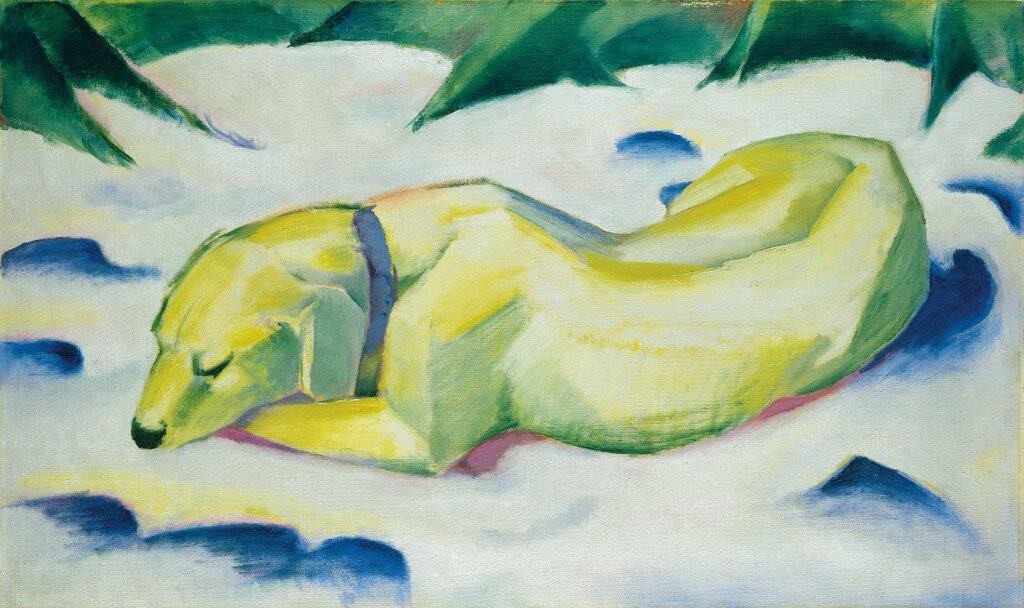 Liegender Hund im Schnee (Dog lying in the snow) by Franz Marc (ca. 1911)